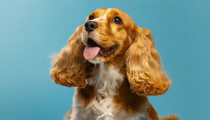 Looking so sweet and full of hope. English cocker spaniel young dog is posing. Cute playful braun doggy or pet is sitting isolated on blue background. Concept of motion, action, movement.