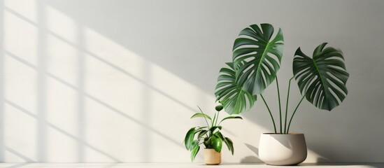 Monstera plant in a contemporary indoor setting. Interior design with botanical element. Minimalist decor with flowers. Concept of minimalistic interior styling.
