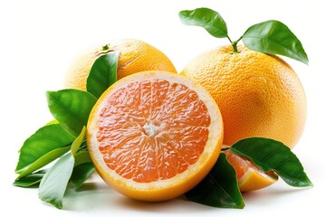 Fresh orange fruit with green leafs on white background