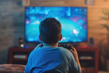 A young boy is engaged in playing a video game on the television screen, holding a controller in his hands.