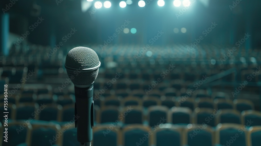 Poster A microphone on a table in front of a stage. Ideal for music or public speaking events.