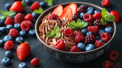 a bowl of berries, raspberries, strawberries, chocolate frosting and mint on a black surface.