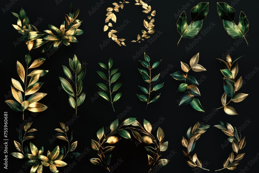 Poster Collection of different types of leaves on a dark backdrop. Suitable for nature and botanical themed designs.