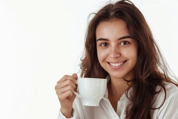 A woman holding a cup of coffee. Perfect for coffee shops promotions.