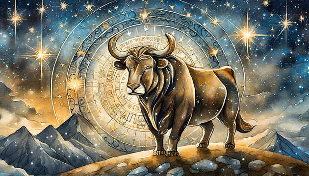 zodiac tauro bull on a background of an old paper texture with the stars; astrology