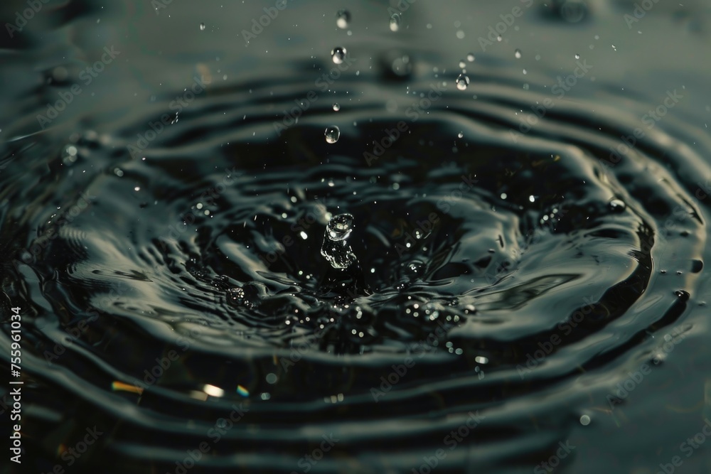 Poster a close up of a water drop in a body of water. suitable for nature or abstract concepts.