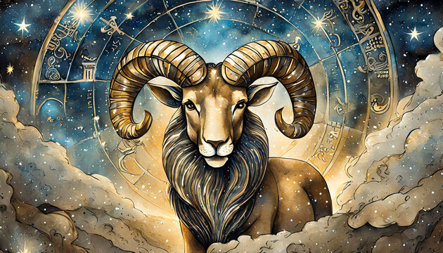 zodiac aries ram on a background of an old paper texture with the stars; astrology