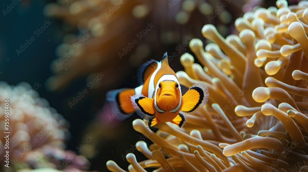 Wall mural Amphiprion ocellaris clownfish and anemone in sea.