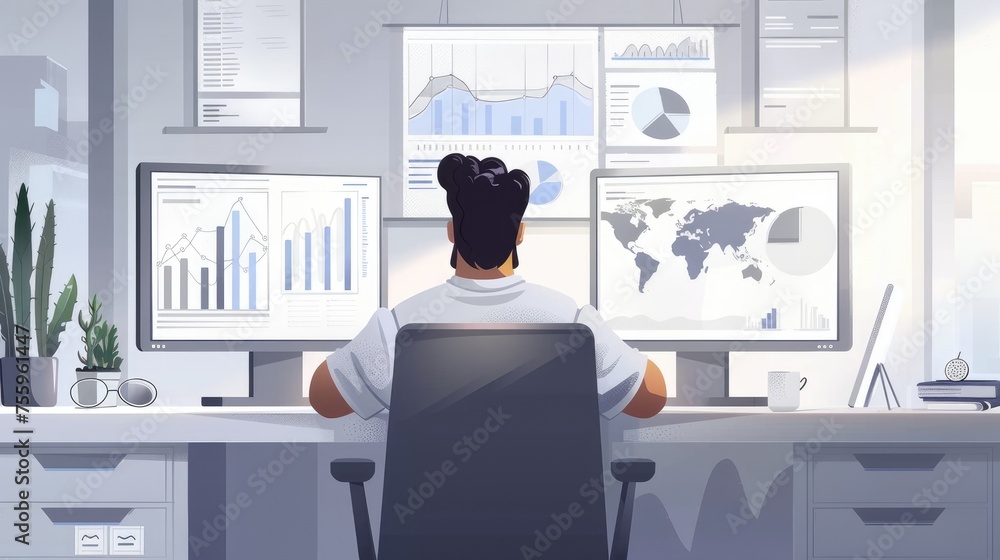 Poster businessman working on computer, analyzing business data, graphs and diagrams in modern office.