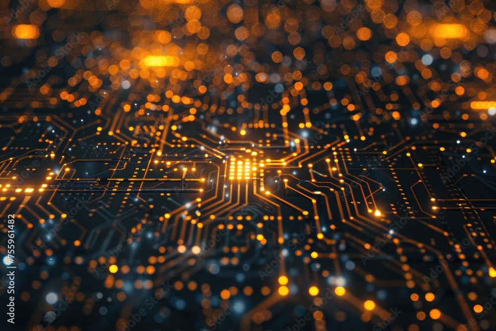 Fototapete Digital data moving on circuit board and integrated microchip backgrounds. Computer processing and organizing data. High tech Artificial intelligence and modern computer technology surface