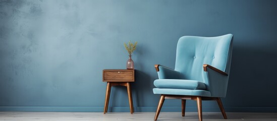 A blue chair is placed in front of a blue wall alongside a small table inside a house with hardwood flooring and wooden furniture