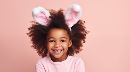 black girl with bunny ears smiling on studio background - obrazy, fototapety, plakaty