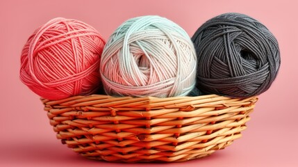 Fototapeta na wymiar three skeins of yarn in a wicker basket on a pink background stock photo - 1309999.