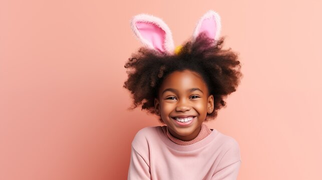 black girl with bunny ears smiling on studio background
