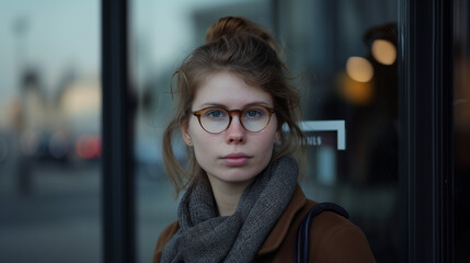 Urban Portrait of a Serious Young Woman with Glasses Outside in front of a Shop Window Glass Door - Street Photography -  Fashion Eyewear Concept