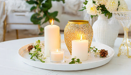 Fototapeta na wymiar Candles on a wooden table, Minimalism, Luxurious white tray decoration, home interior decor with burning aroma candle with white dry flower