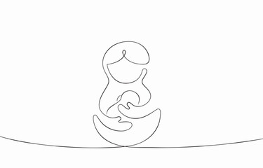 Mother and baby continuous one line contour. Mom hugs child. Motherhood and newborn silhouette concept. Vector woman holds kid. Happy Mother`s Day card.