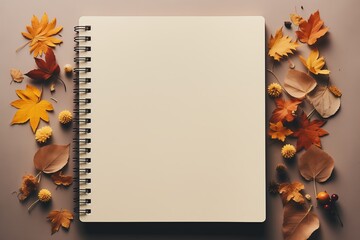 An open notebook lies on a surface, surrounded by various colorful flowers and leaves around it.