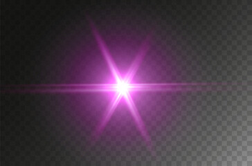 Flare light effect isolated on transparent background. Pink flash lense rays and spotlight beams template. Glow purple magic star burst