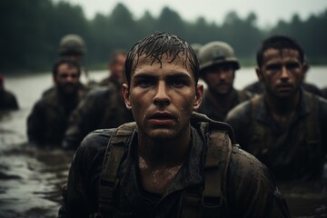 Fototapeta premium A group of men standing in the water, with waves gently breaking around them.