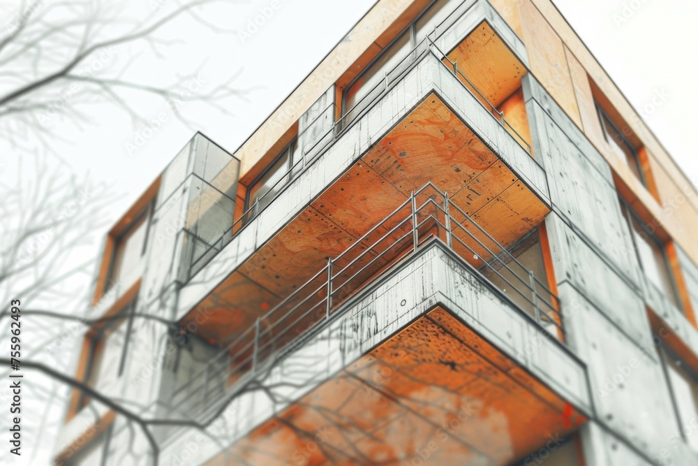 Aufkleber a tall building with a staircase leading up to it, suitable for architectural and urban concepts.