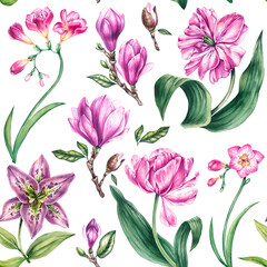 Fototapeta na wymiar Watercolor blooming seamless pattern on a white background