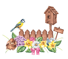 Spring watercolor illustration with flowers, cute bunny and birds isolated