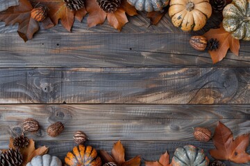 A group of pumpkins and pine cones on a wooden surface. Perfect for autumn decorations. - Powered by Adobe