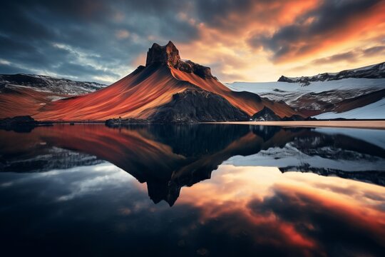 Volcanic Crater Reflecting In A Calm Lake