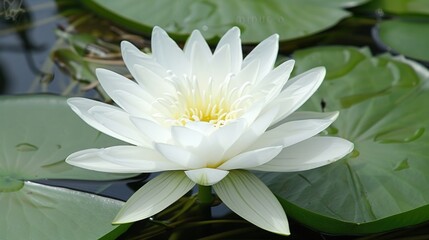 a large white flower sitting on top of a lush green leaf covered waterlily covered pond filled with water lilies.