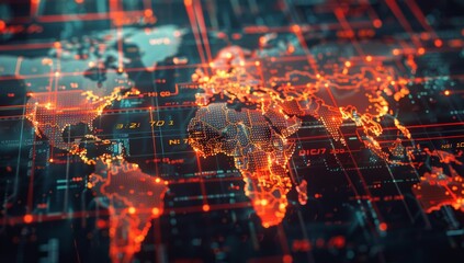 Fototapeta premium A digital map of the world with interconnected nodes representing global network connections, data flow and cyber security technology Generative AI