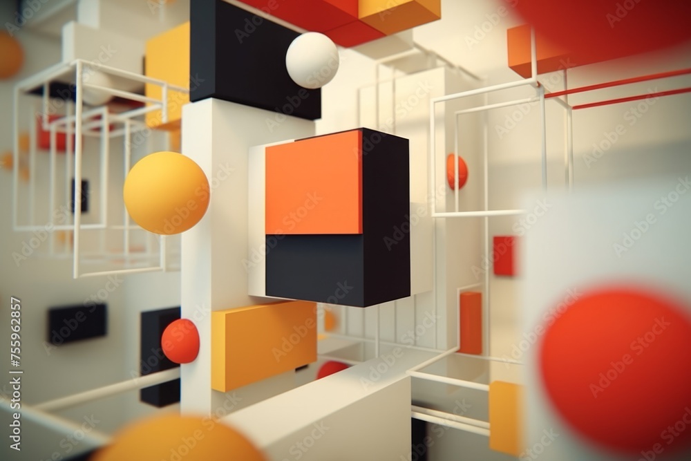 Poster a 3d animation of geometric shapes merging and separating to create a dynamic composition