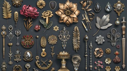 Various types of brooches hanging on a wall, perfect for fashion or jewelry concepts. - obrazy, fototapety, plakaty