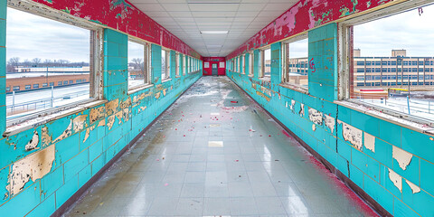 A hallway with blue and red paint on walls stretching far into the distance