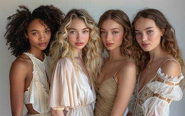 quattro giovani modelle di diversa etnia vestite con abiti leggeri dai colori chiari e neutri - obrazy, fototapety, plakaty