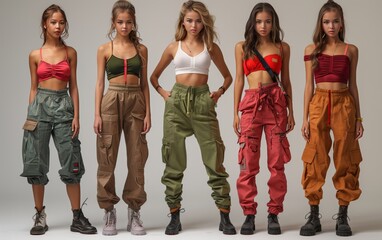 cinque giovani modelle di diversa etnia figura intera vestite con top, pantaloni larghi e scarponi colorati