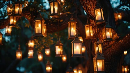 Lanterns hanging from a tree, suitable for outdoor event decorations.