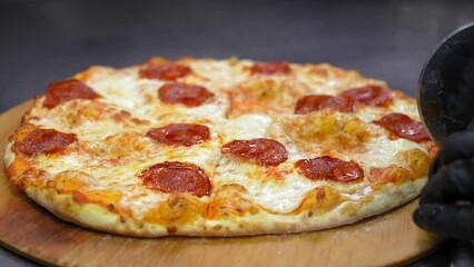Chef cutting pizza in kitchen on wooden cutting board with round knife in roller shape pizza cutter. Catering work in kitchen. Man cutting pizza into slices with special knife. Fast food nd tasty food