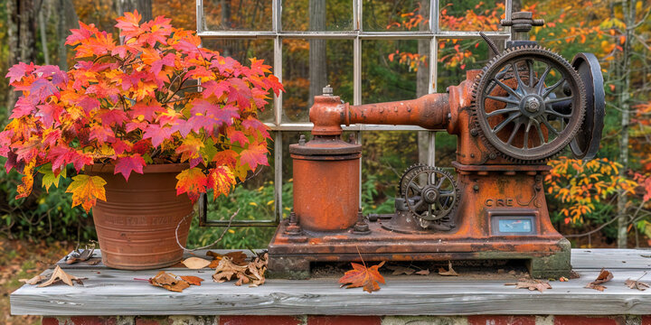 A rusted out machine sits next to a potted plant in a gritty industrial setting
