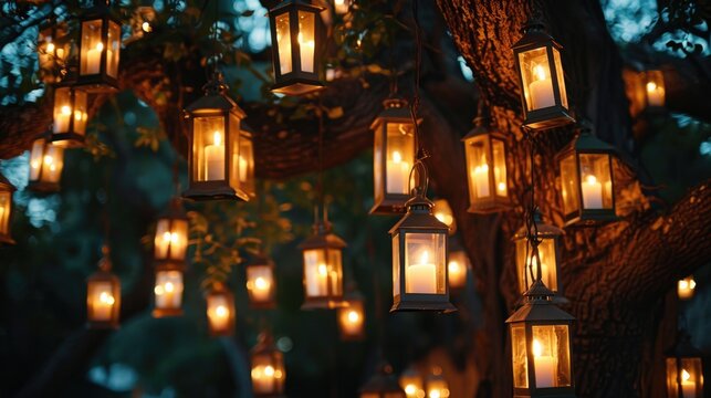 Lanterns hanging from a tree, suitable for outdoor event decorations.