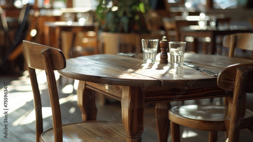 Poster a wooden table with two glasses on it. suitable for various dining and hospitality concepts.