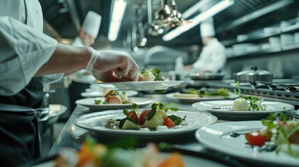 Professional chef cooking in commercial kitchen, ideal for food industry promotions.