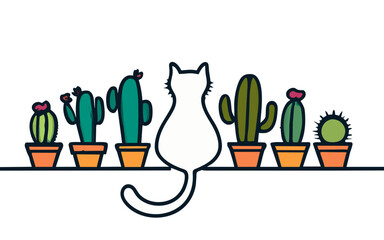  graphic of a cat sitting among pots of cacti