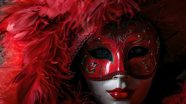 Elegant red masquerade mask and feathers on a dark background. mysterious and luxurious disguise for festive events or carnival. ideal for themed parties and celebrations. AI