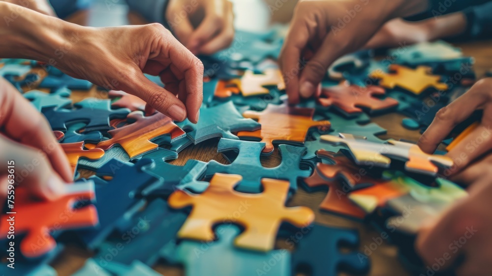 Aufkleber A group of people working together on a puzzle. Suitable for team building concepts.