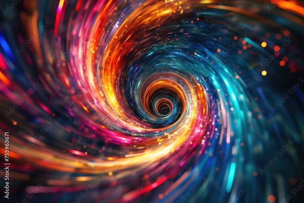 Poster a spiral of colors and light with a hole in the middle. the spiral is made up of many different colo