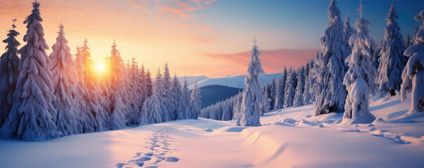 Sunrise over snowy mountain forest landscape