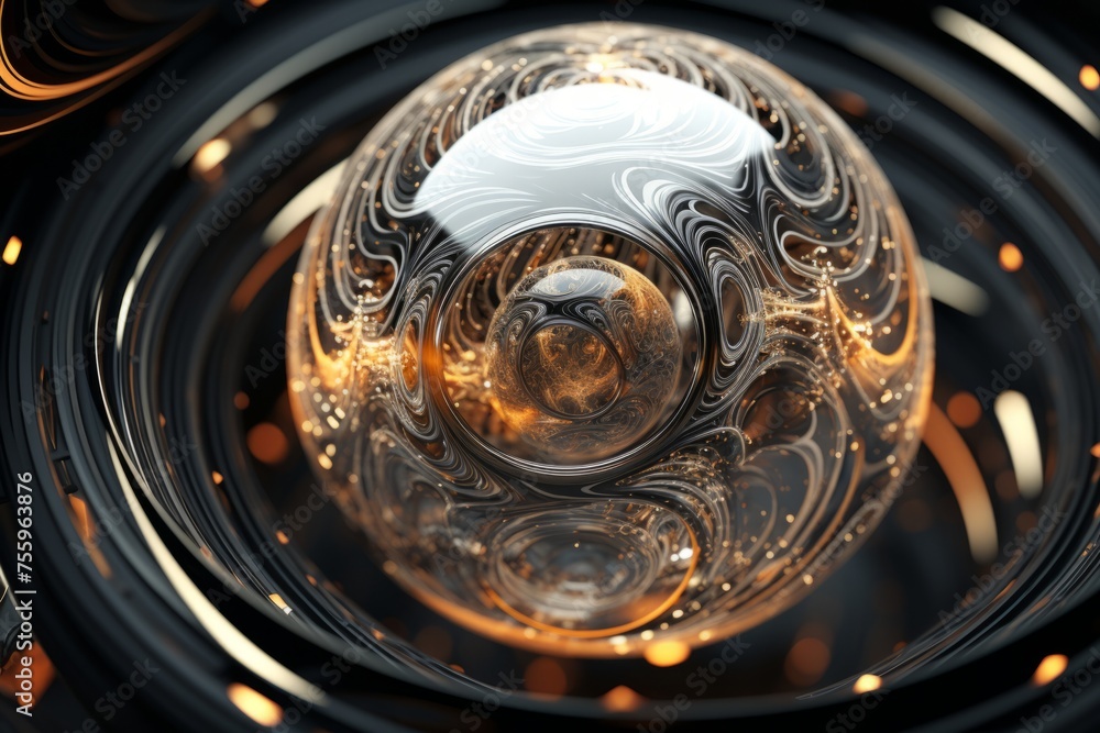 Poster a close up of a 3d fractal sphere with intricate fractal details and mesmerizing geometry with capti