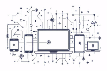 Digital devices connected by circuit lines and icons