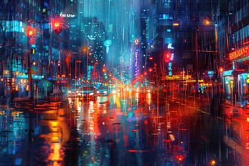 A bustling city street at night, illuminated by the soft glow of streetlights and neon signs, with the rain creating a glistening reflection on the wet pavement